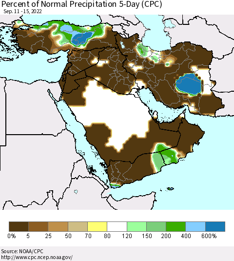 Middle East and Turkey Percent of Normal Precipitation 5-Day (CPC) Thematic Map For 9/11/2022 - 9/15/2022