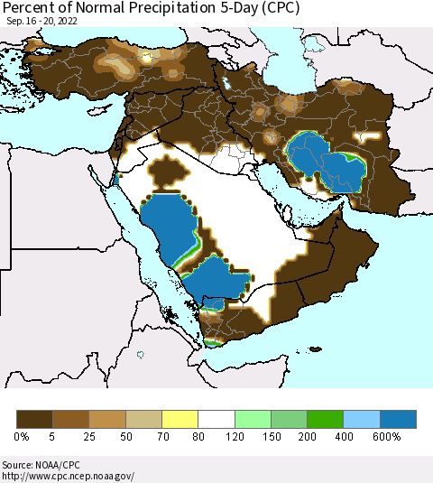 Middle East and Turkey Percent of Normal Precipitation 5-Day (CPC) Thematic Map For 9/16/2022 - 9/20/2022