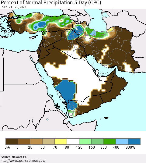 Middle East and Turkey Percent of Normal Precipitation 5-Day (CPC) Thematic Map For 9/21/2022 - 9/25/2022