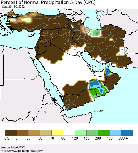 Middle East and Turkey Percent of Normal Precipitation 5-Day (CPC) Thematic Map For 9/26/2022 - 9/30/2022