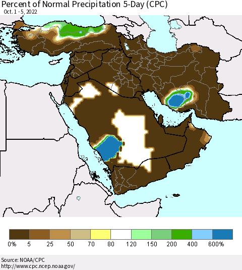 Middle East and Turkey Percent of Normal Precipitation 5-Day (CPC) Thematic Map For 10/1/2022 - 10/5/2022