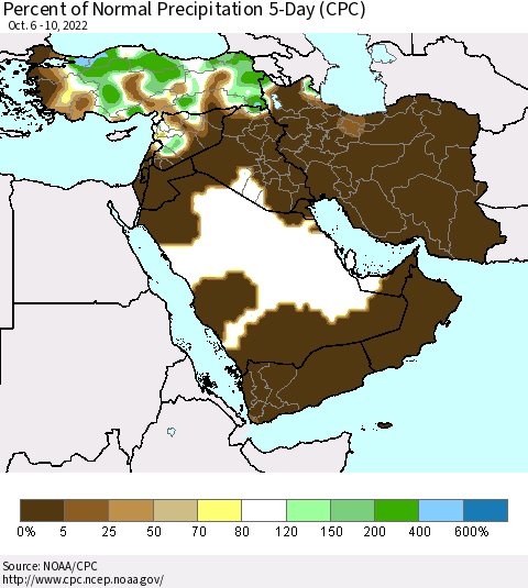 Middle East and Turkey Percent of Normal Precipitation 5-Day (CPC) Thematic Map For 10/6/2022 - 10/10/2022