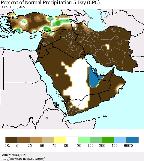 Middle East and Turkey Percent of Normal Precipitation 5-Day (CPC) Thematic Map For 10/11/2022 - 10/15/2022