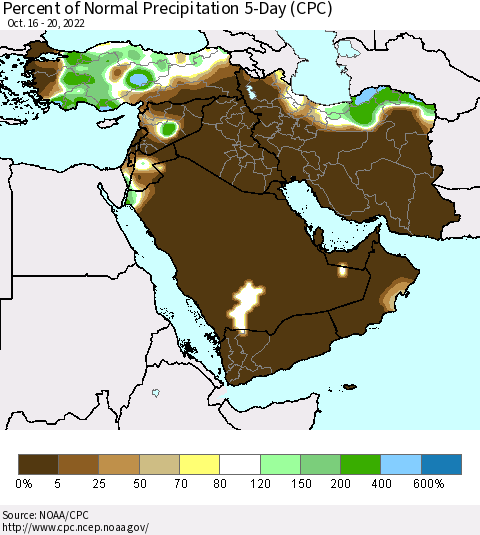 Middle East and Turkey Percent of Normal Precipitation 5-Day (CPC) Thematic Map For 10/16/2022 - 10/20/2022
