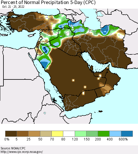 Middle East and Turkey Percent of Normal Precipitation 5-Day (CPC) Thematic Map For 10/21/2022 - 10/25/2022