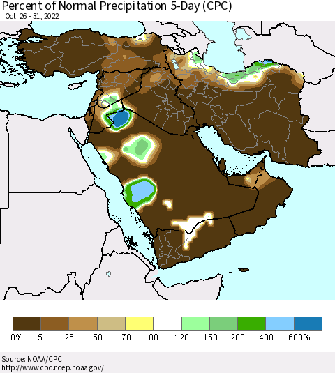 Middle East and Turkey Percent of Normal Precipitation 5-Day (CPC) Thematic Map For 10/26/2022 - 10/31/2022