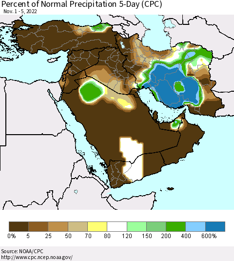 Middle East and Turkey Percent of Normal Precipitation 5-Day (CPC) Thematic Map For 11/1/2022 - 11/5/2022