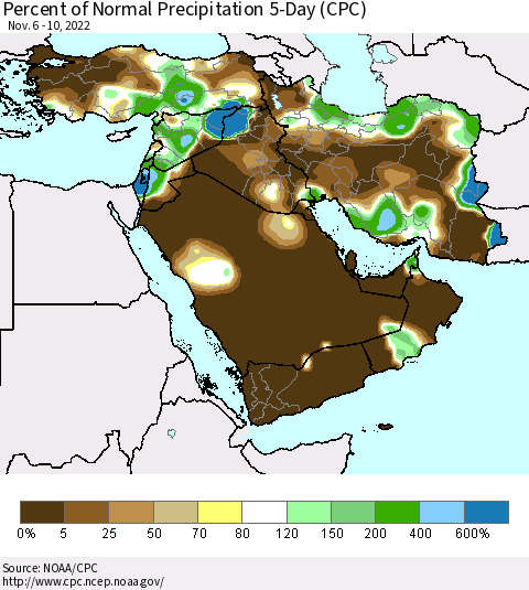 Middle East and Turkey Percent of Normal Precipitation 5-Day (CPC) Thematic Map For 11/6/2022 - 11/10/2022