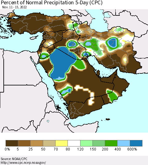 Middle East and Turkey Percent of Normal Precipitation 5-Day (CPC) Thematic Map For 11/11/2022 - 11/15/2022