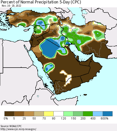 Middle East and Turkey Percent of Normal Precipitation 5-Day (CPC) Thematic Map For 11/16/2022 - 11/20/2022