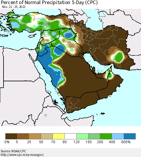 Middle East and Turkey Percent of Normal Precipitation 5-Day (CPC) Thematic Map For 11/21/2022 - 11/25/2022