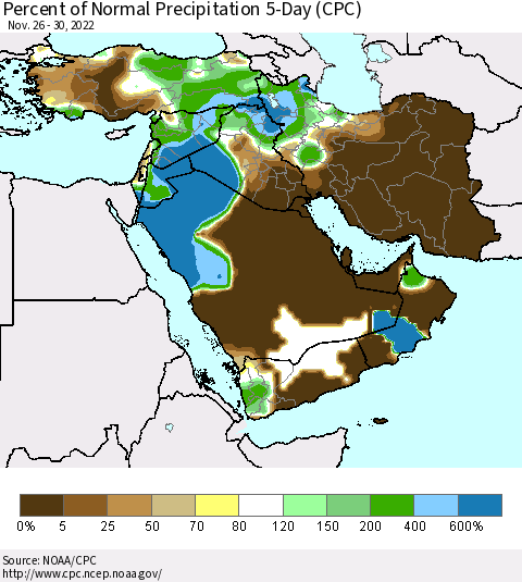 Middle East and Turkey Percent of Normal Precipitation 5-Day (CPC) Thematic Map For 11/26/2022 - 11/30/2022