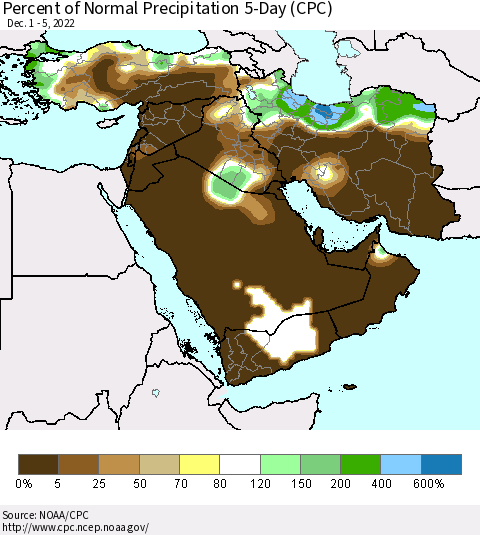 Middle East and Turkey Percent of Normal Precipitation 5-Day (CPC) Thematic Map For 12/1/2022 - 12/5/2022