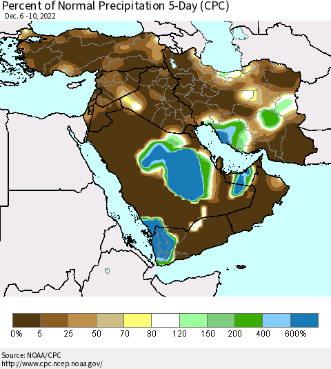Middle East and Turkey Percent of Normal Precipitation 5-Day (CPC) Thematic Map For 12/6/2022 - 12/10/2022