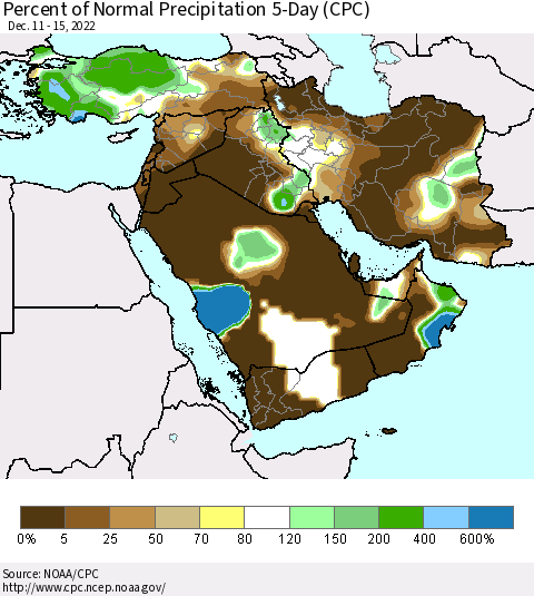 Middle East and Turkey Percent of Normal Precipitation 5-Day (CPC) Thematic Map For 12/11/2022 - 12/15/2022
