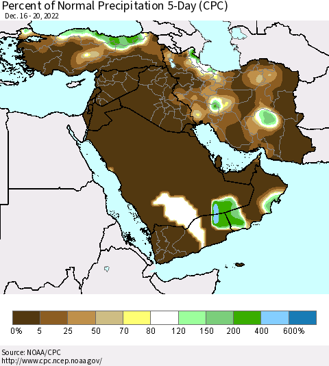 Middle East and Turkey Percent of Normal Precipitation 5-Day (CPC) Thematic Map For 12/16/2022 - 12/20/2022