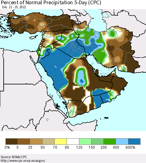 Middle East and Turkey Percent of Normal Precipitation 5-Day (CPC) Thematic Map For 12/21/2022 - 12/25/2022