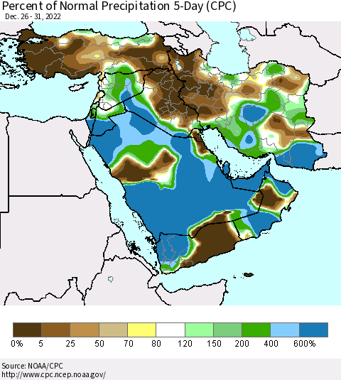 Middle East and Turkey Percent of Normal Precipitation 5-Day (CPC) Thematic Map For 12/26/2022 - 12/31/2022