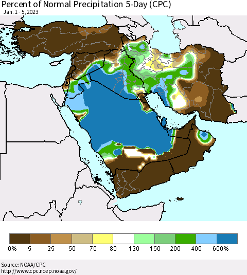 Middle East and Turkey Percent of Normal Precipitation 5-Day (CPC) Thematic Map For 1/1/2023 - 1/5/2023
