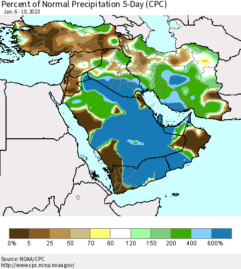 Middle East and Turkey Percent of Normal Precipitation 5-Day (CPC) Thematic Map For 1/6/2023 - 1/10/2023