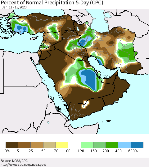 Middle East and Turkey Percent of Normal Precipitation 5-Day (CPC) Thematic Map For 1/11/2023 - 1/15/2023