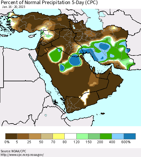 Middle East and Turkey Percent of Normal Precipitation 5-Day (CPC) Thematic Map For 1/16/2023 - 1/20/2023