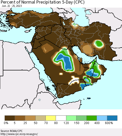 Middle East and Turkey Percent of Normal Precipitation 5-Day (CPC) Thematic Map For 1/21/2023 - 1/25/2023