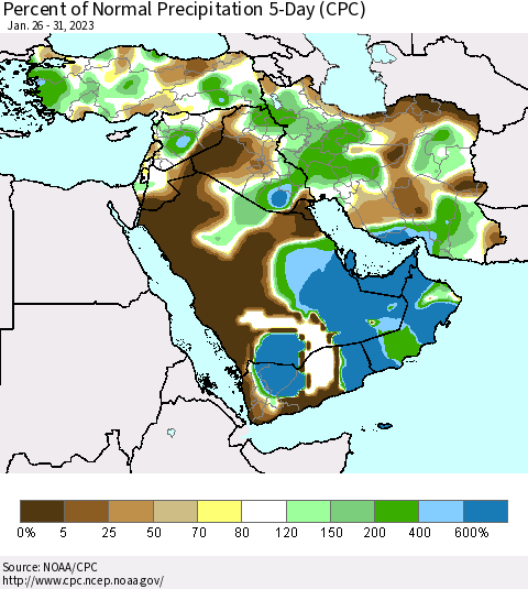 Middle East and Turkey Percent of Normal Precipitation 5-Day (CPC) Thematic Map For 1/26/2023 - 1/31/2023