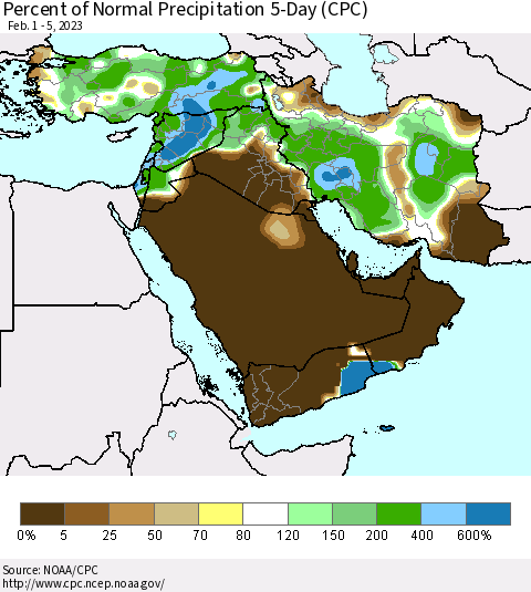 Middle East and Turkey Percent of Normal Precipitation 5-Day (CPC) Thematic Map For 2/1/2023 - 2/5/2023