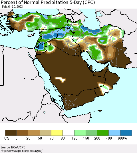 Middle East and Turkey Percent of Normal Precipitation 5-Day (CPC) Thematic Map For 2/6/2023 - 2/10/2023