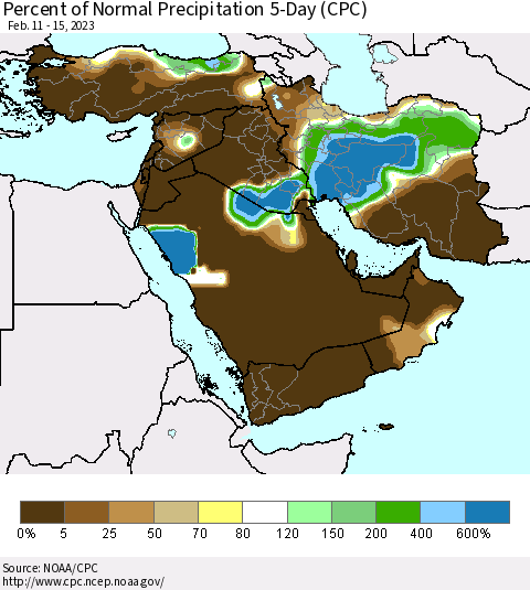 Middle East and Turkey Percent of Normal Precipitation 5-Day (CPC) Thematic Map For 2/11/2023 - 2/15/2023