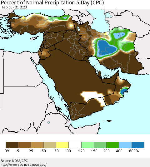Middle East and Turkey Percent of Normal Precipitation 5-Day (CPC) Thematic Map For 2/16/2023 - 2/20/2023