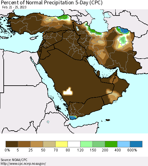 Middle East and Turkey Percent of Normal Precipitation 5-Day (CPC) Thematic Map For 2/21/2023 - 2/25/2023