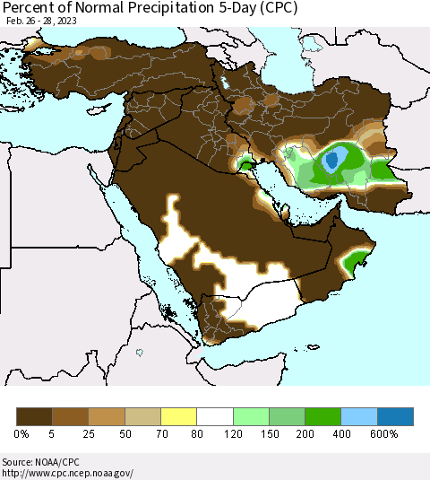 Middle East and Turkey Percent of Normal Precipitation 5-Day (CPC) Thematic Map For 2/26/2023 - 2/28/2023