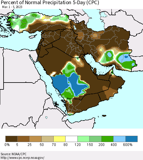Middle East and Turkey Percent of Normal Precipitation 5-Day (CPC) Thematic Map For 3/1/2023 - 3/5/2023