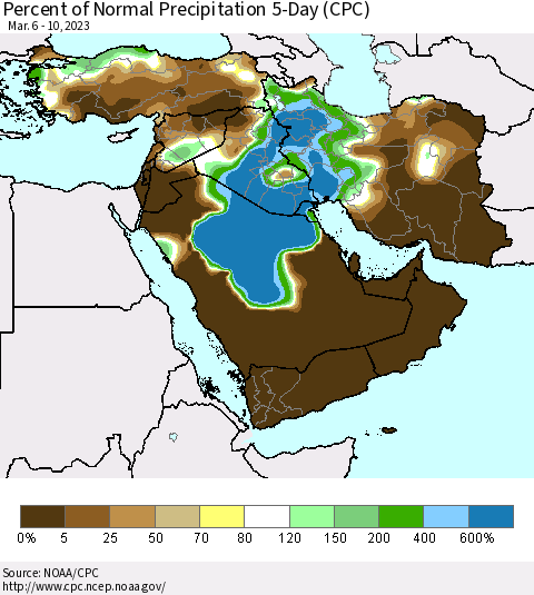Middle East and Turkey Percent of Normal Precipitation 5-Day (CPC) Thematic Map For 3/6/2023 - 3/10/2023