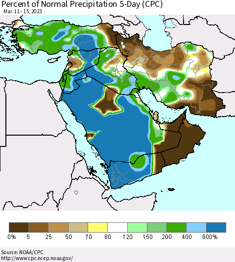 Middle East and Turkey Percent of Normal Precipitation 5-Day (CPC) Thematic Map For 3/11/2023 - 3/15/2023