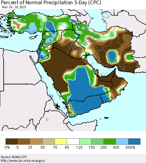 Middle East and Turkey Percent of Normal Precipitation 5-Day (CPC) Thematic Map For 3/16/2023 - 3/20/2023