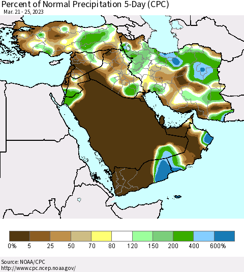 Middle East and Turkey Percent of Normal Precipitation 5-Day (CPC) Thematic Map For 3/21/2023 - 3/25/2023