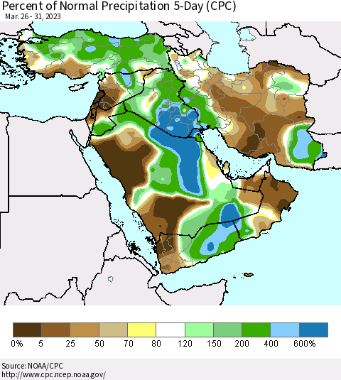 Middle East and Turkey Percent of Normal Precipitation 5-Day (CPC) Thematic Map For 3/26/2023 - 3/31/2023