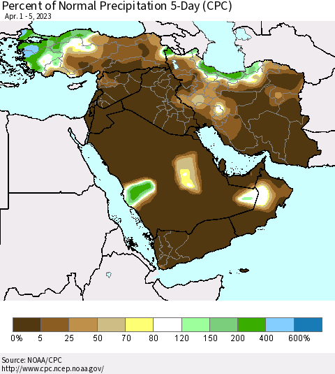 Middle East and Turkey Percent of Normal Precipitation 5-Day (CPC) Thematic Map For 4/1/2023 - 4/5/2023