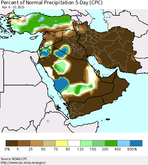 Middle East and Turkey Percent of Normal Precipitation 5-Day (CPC) Thematic Map For 4/6/2023 - 4/10/2023