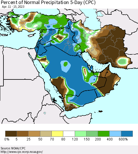Middle East and Turkey Percent of Normal Precipitation 5-Day (CPC) Thematic Map For 4/11/2023 - 4/15/2023
