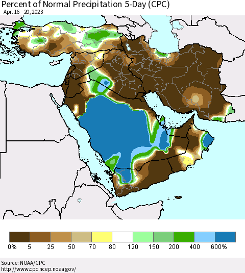 Middle East and Turkey Percent of Normal Precipitation 5-Day (CPC) Thematic Map For 4/16/2023 - 4/20/2023