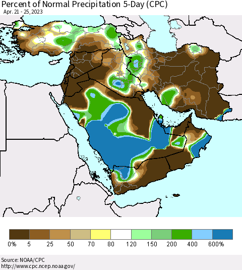 Middle East and Turkey Percent of Normal Precipitation 5-Day (CPC) Thematic Map For 4/21/2023 - 4/25/2023