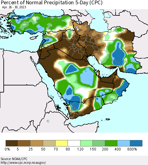 Middle East and Turkey Percent of Normal Precipitation 5-Day (CPC) Thematic Map For 4/26/2023 - 4/30/2023