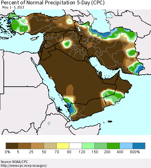 Middle East and Turkey Percent of Normal Precipitation 5-Day (CPC) Thematic Map For 5/1/2023 - 5/5/2023