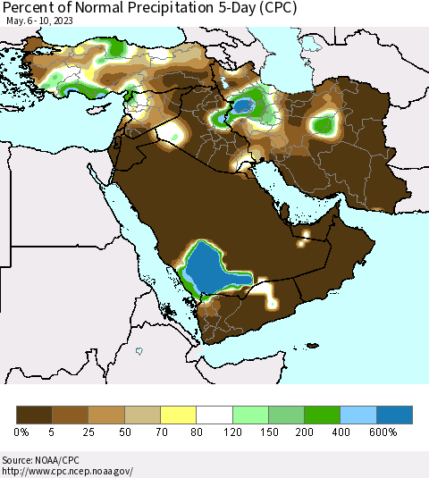Middle East and Turkey Percent of Normal Precipitation 5-Day (CPC) Thematic Map For 5/6/2023 - 5/10/2023