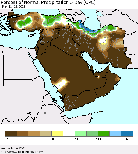 Middle East and Turkey Percent of Normal Precipitation 5-Day (CPC) Thematic Map For 5/11/2023 - 5/15/2023