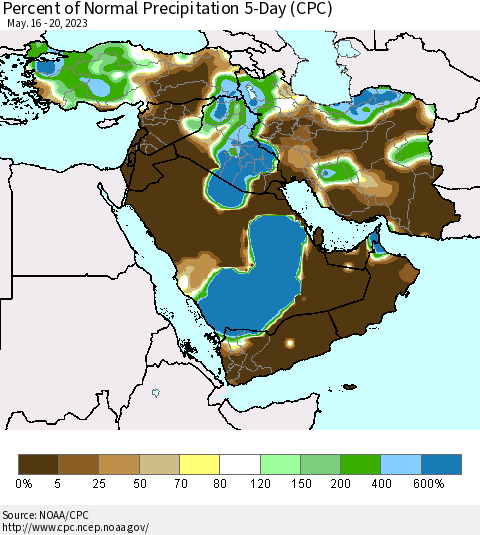 Middle East and Turkey Percent of Normal Precipitation 5-Day (CPC) Thematic Map For 5/16/2023 - 5/20/2023